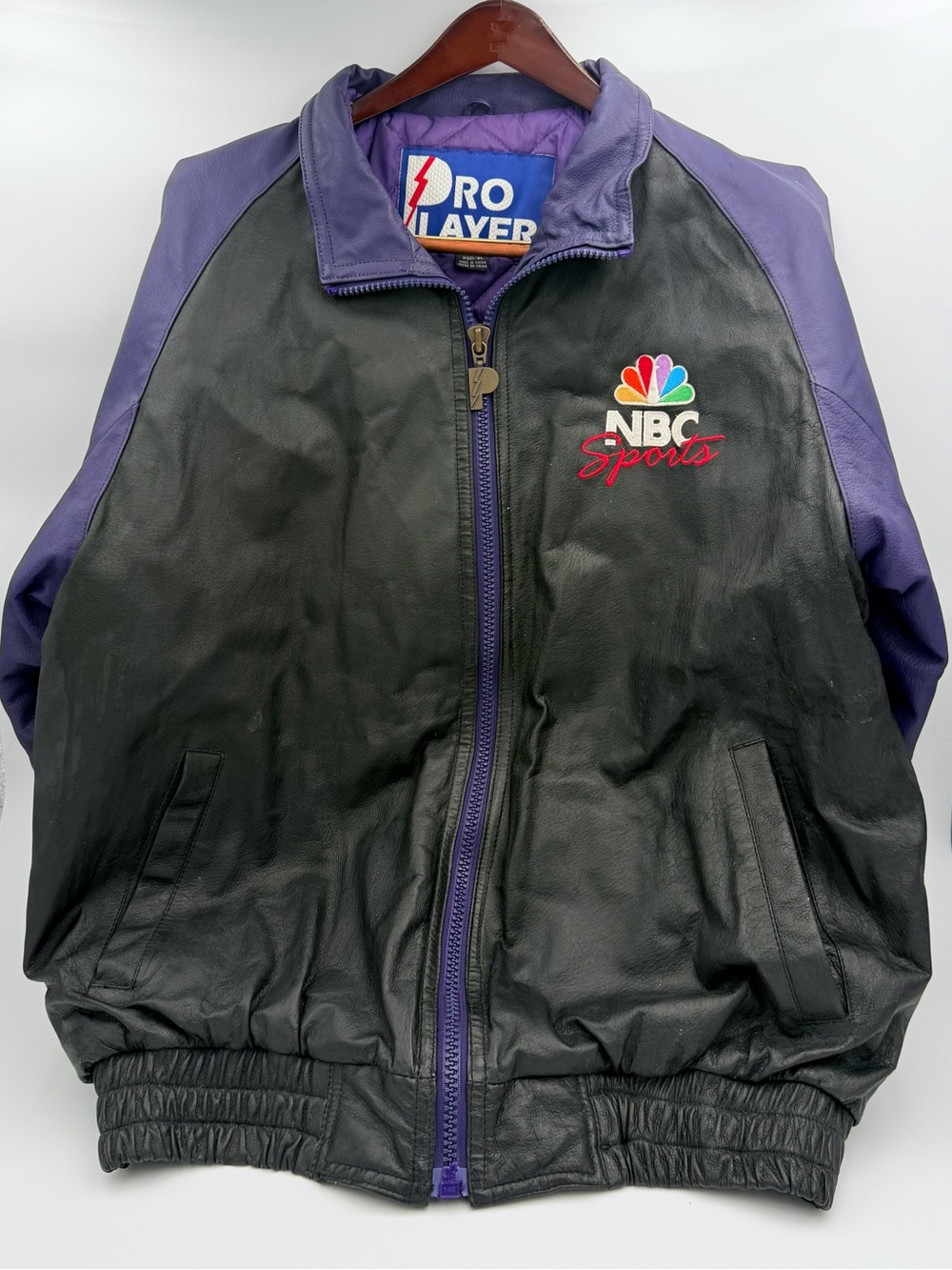 Pro Player NBC Sports Men’s Black & Purple Leather Bomber Jacket